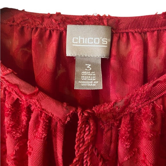 CHICO’S WOMENS SZ 3 16 RED BOHO EMBOSSED PEASANT TOP - Picture 3 of 5